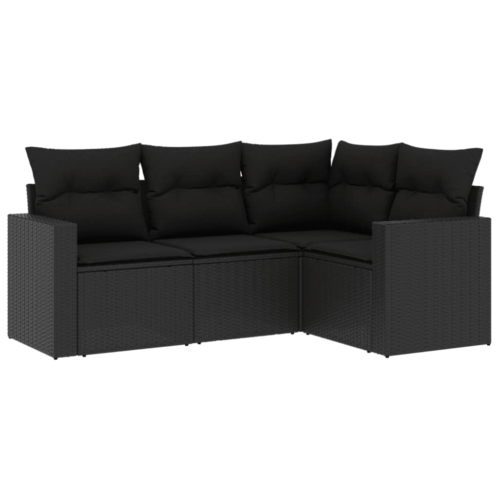 Set mobilier de grădină cu perne, 4 piese, negru, poliratan