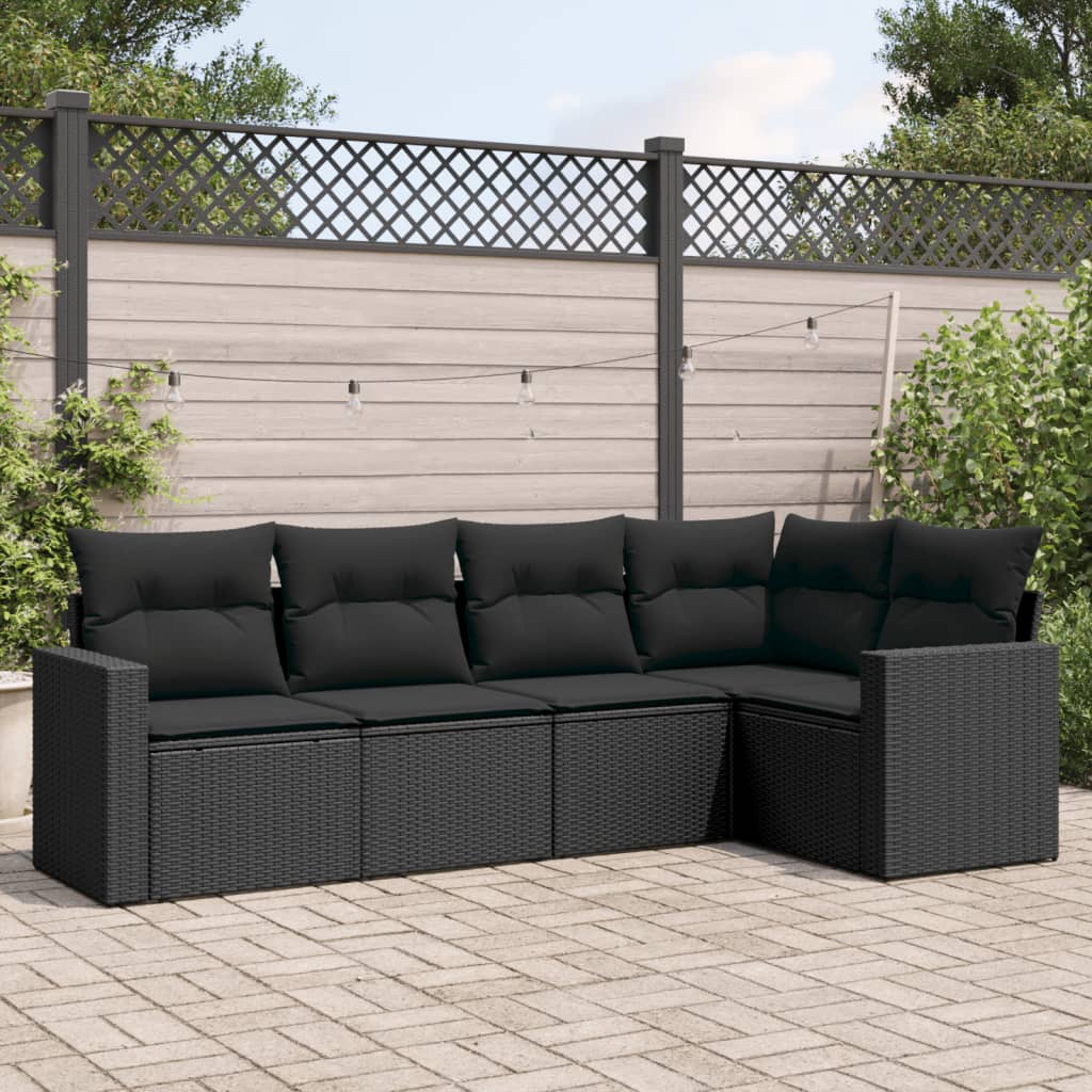 Set mobilier de grădină cu perne, 5 piese, negru, poliratan