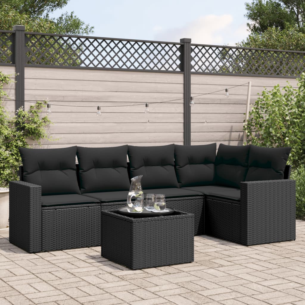 Set mobilier de grădină cu perne, 6 piese, negru, poliratan