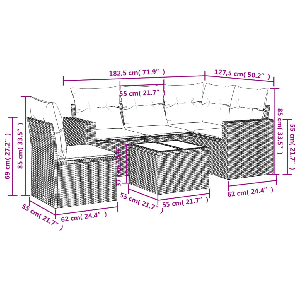 Set mobilier grădină cu perne, 6 piese, gri, poliratan