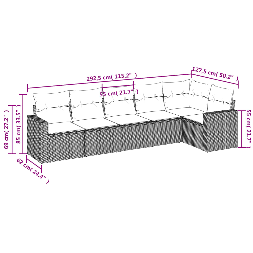 Set mobilier grădină cu perne, 6 piese, gri, poliratan