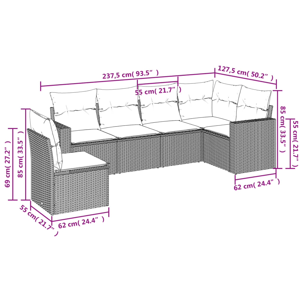 Set mobilier grădină cu perne, 6 piese, gri, poliratan