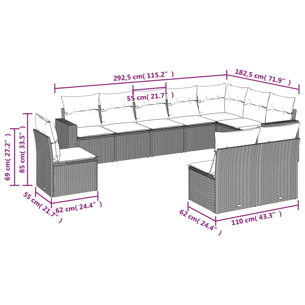 Set mobilier de grădină cu perne, 10 piese, gri, poliratan