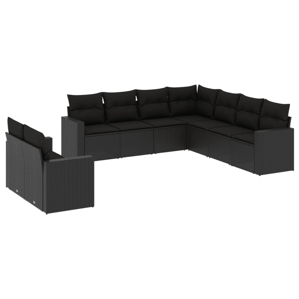 Set mobilier de grădină cu perne, 9 piese, negru, poliratan