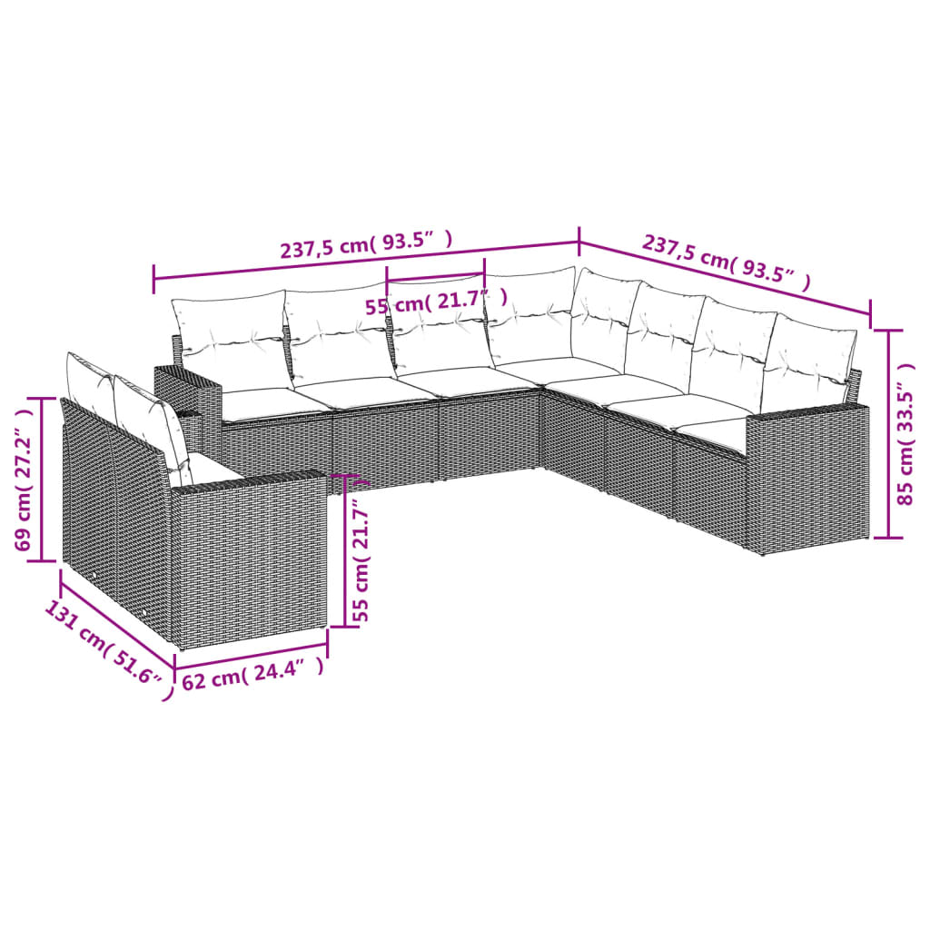 Set mobilier de grădină cu perne, 9 piese, negru, poliratan