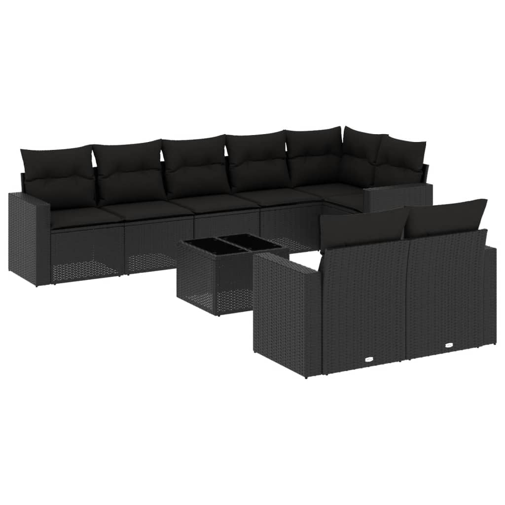 Set mobilier de grădină cu perne, 9 piese, negru, poliratan