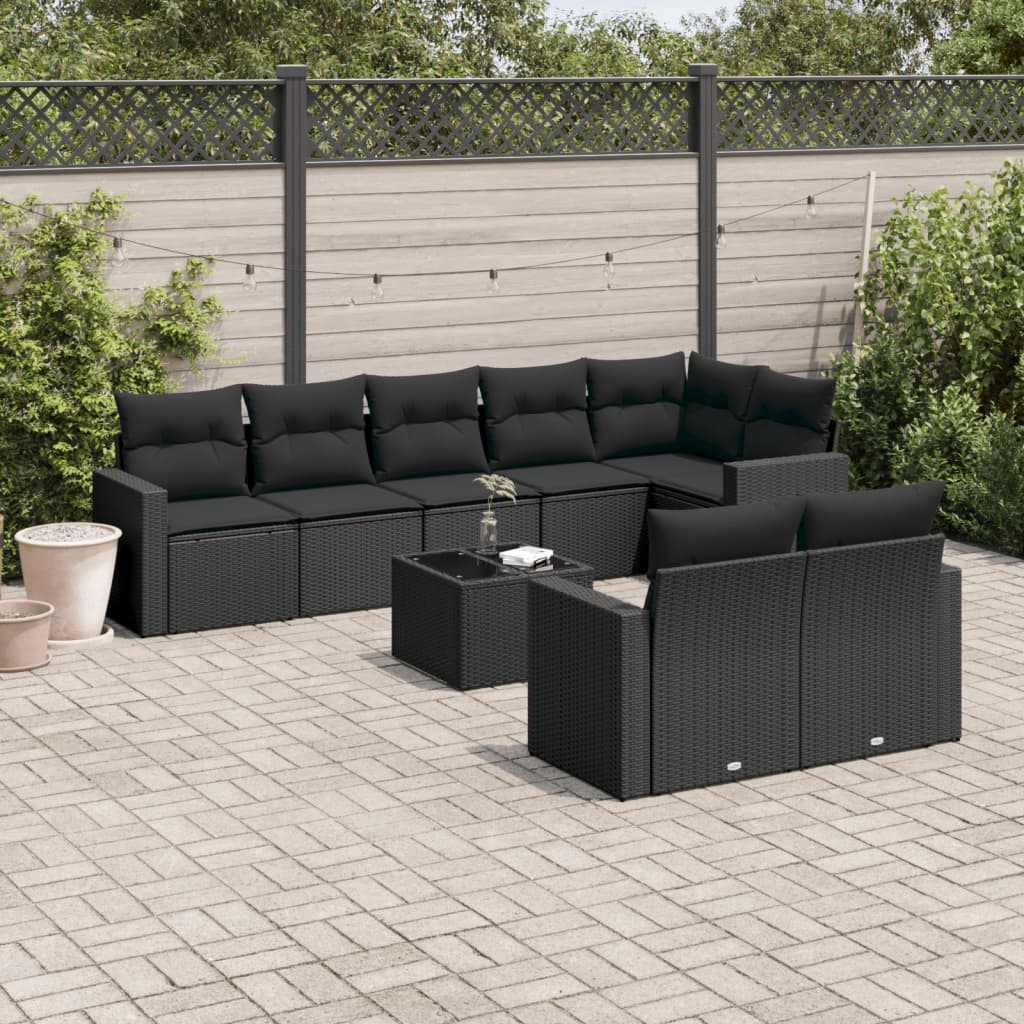 Set mobilier de grădină cu perne, 9 piese, negru, poliratan