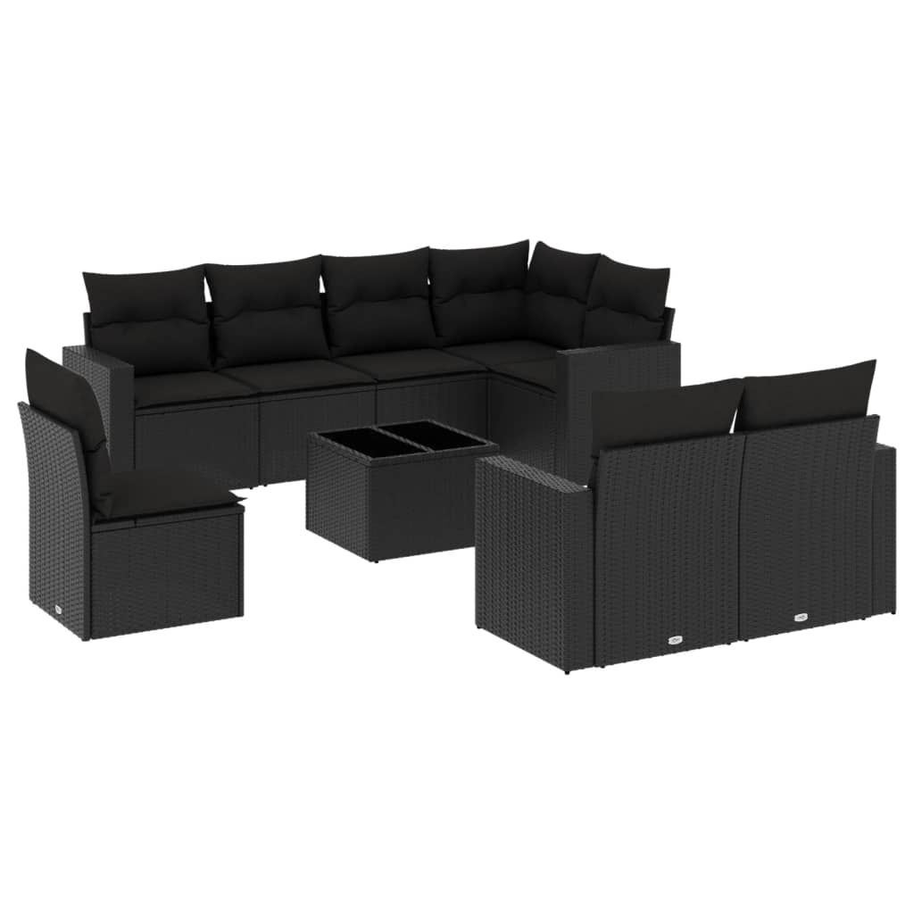 Set mobilier de grădină cu perne, 9 piese, negru, poliratan