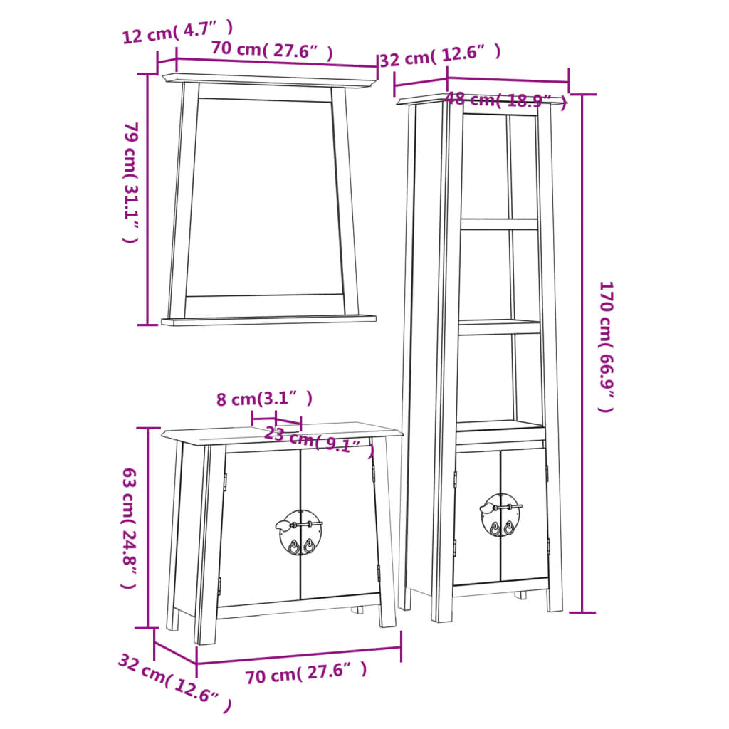 Set mobilier de baie, 3 piese, lemn masiv de pin - Lando