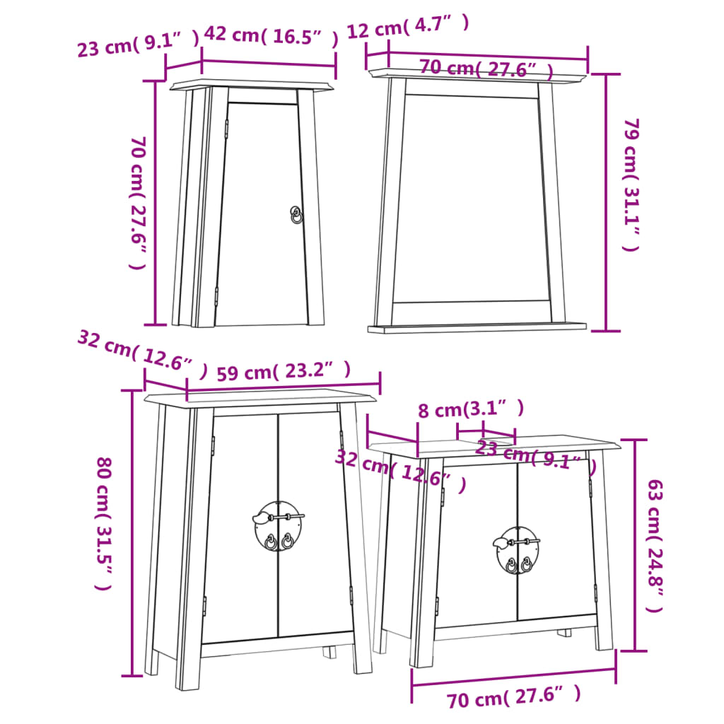 Set mobilier de baie, 4 piese, lemn masiv de pin - Lando