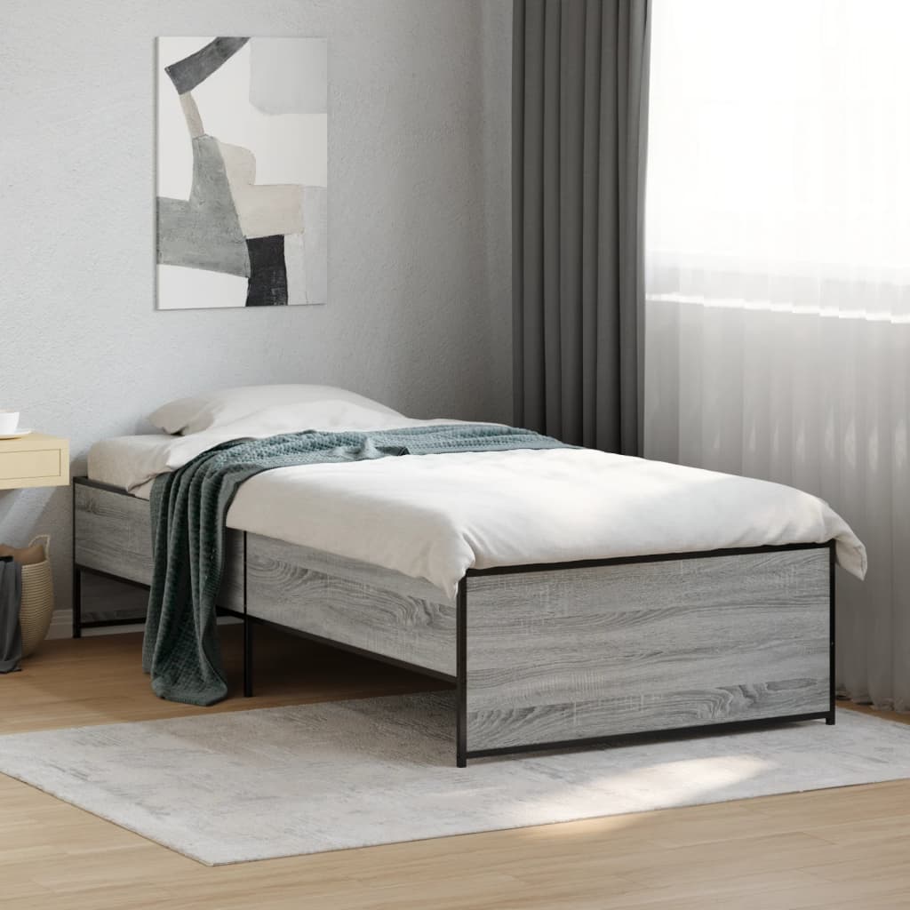 Cadru de pat, gri sonoma, 100x200 cm, lemn prelucrat și metal