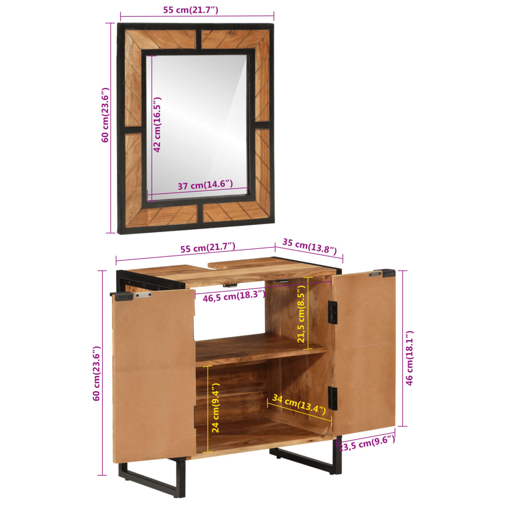 Set mobilier de baie, 2 piese, fier și lemn masiv de acacia - Lando