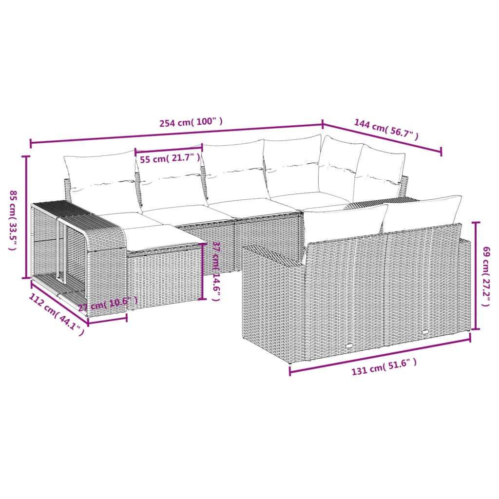 Set mobilier de grădină cu perne, 10 piese, gri, poliratan