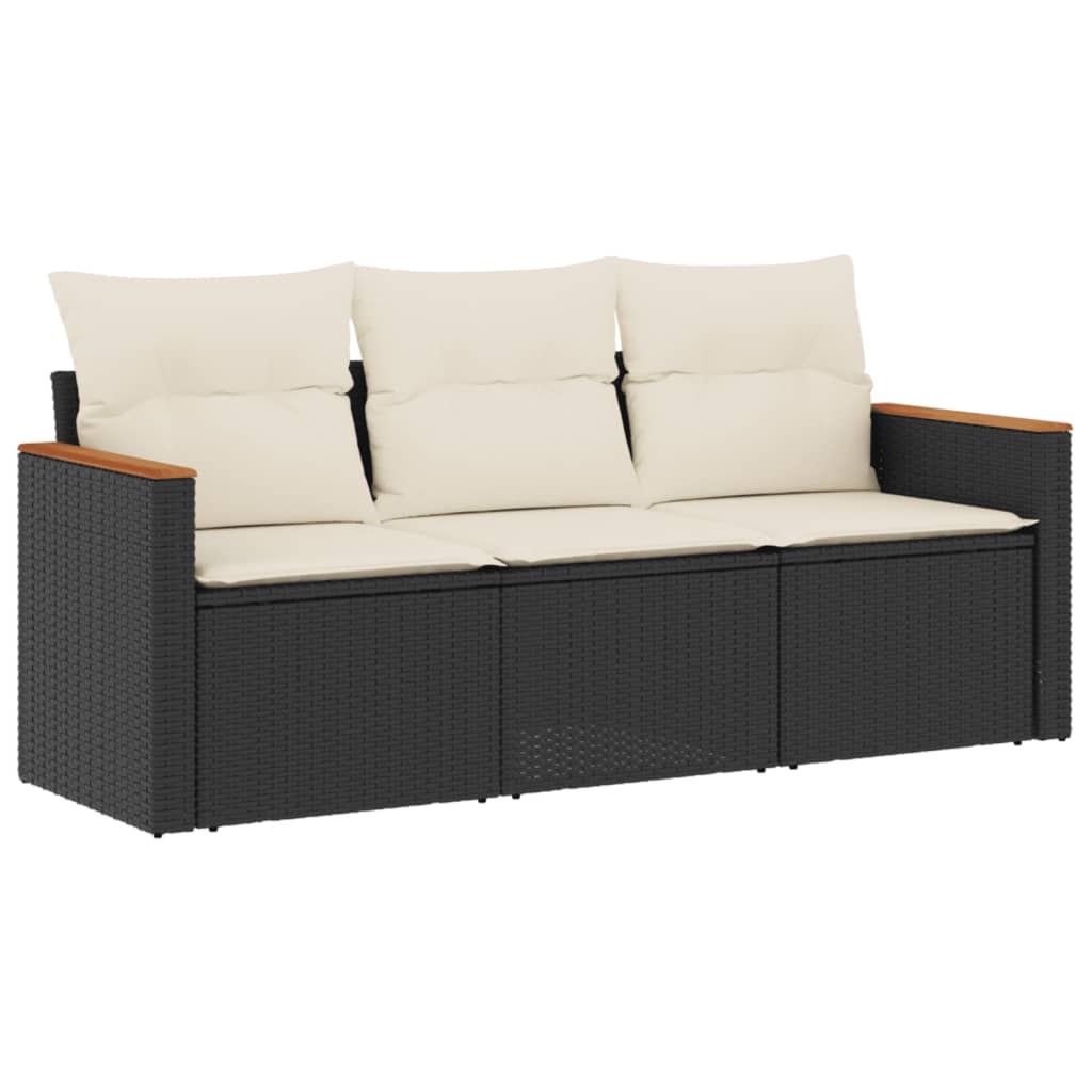 Set mobilier de grădină cu perne, 3 piese, negru, poliratan