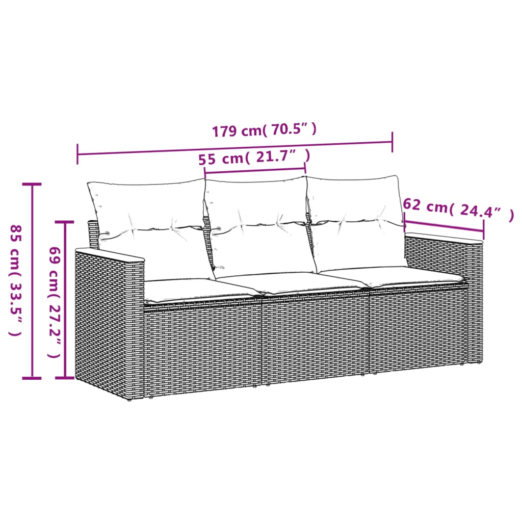 Set mobilier de grădină cu perne, 3 piese, negru, poliratan