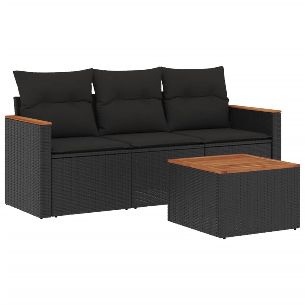 Set mobilier de grădină cu perne, 4 piese, negru, poliratan