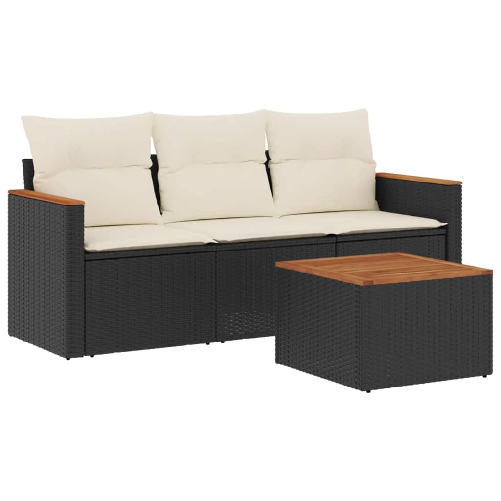 Set mobilier de grădină cu perne, 4 piese, negru, poliratan