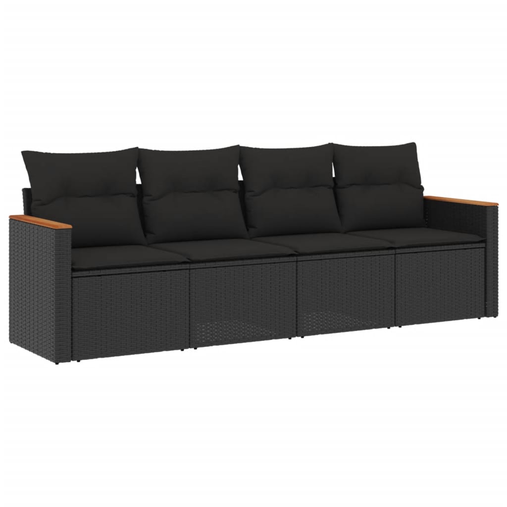 Set mobilier de grădină cu perne, 4 piese, negru, poliratan