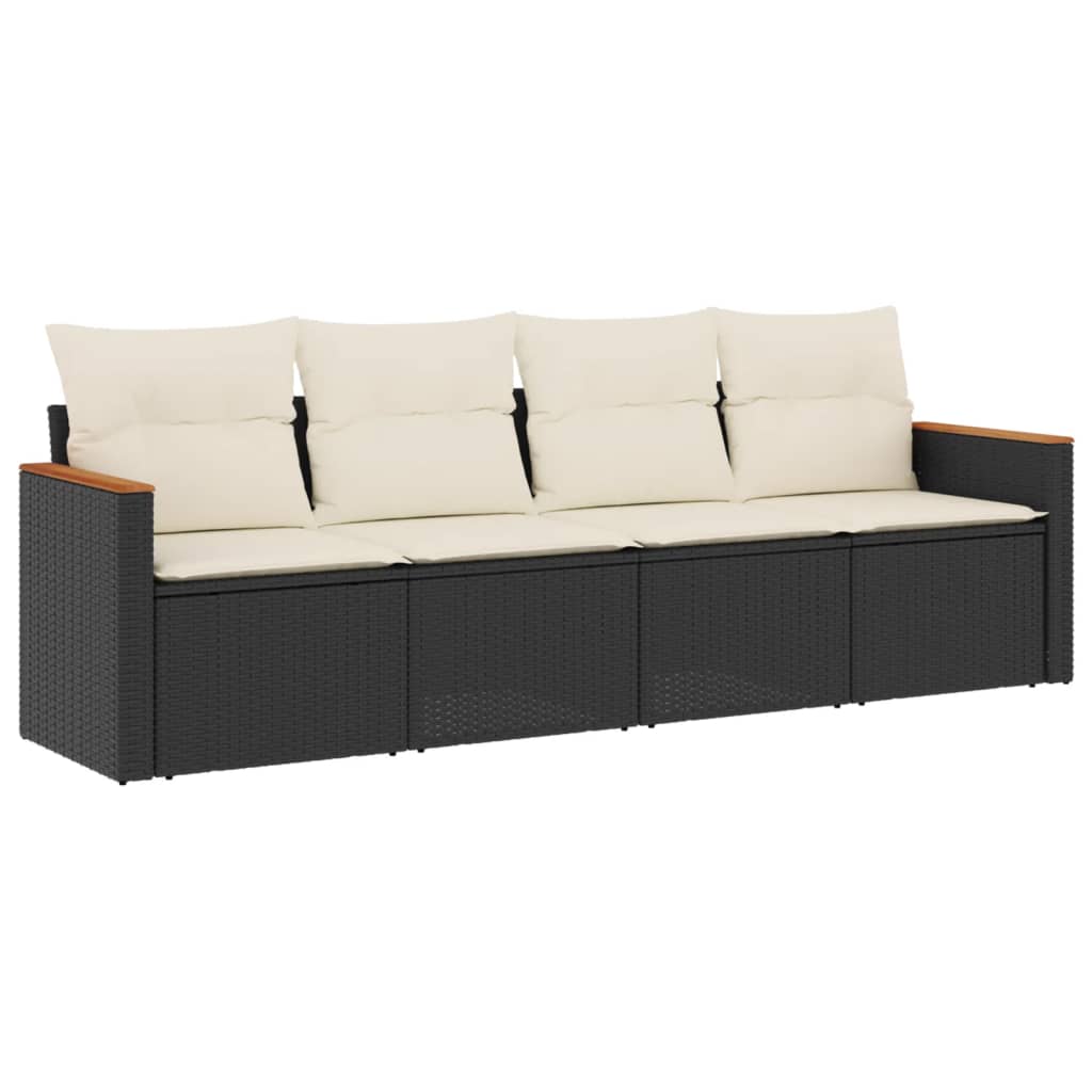 Set mobilier de grădină cu perne, 4 piese, negru, poliratan