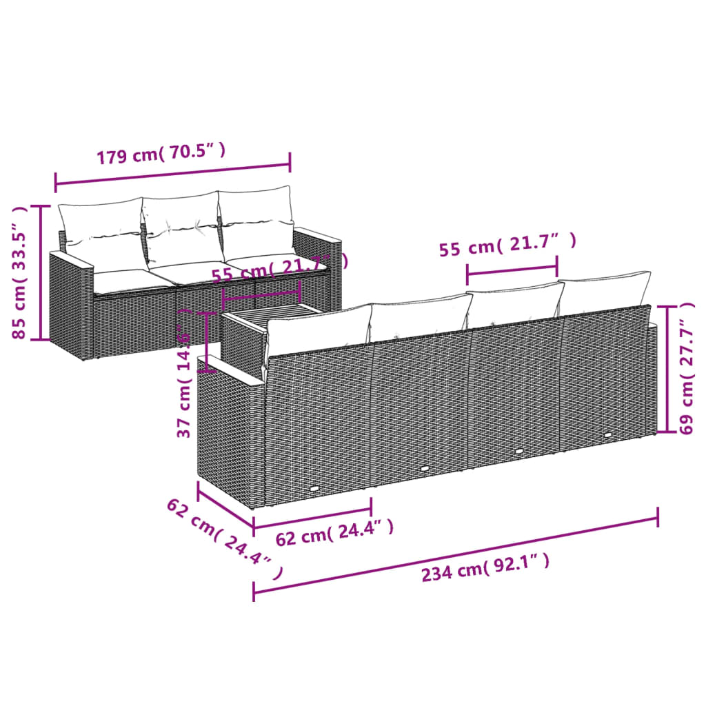 Set mobilier de grădină cu perne, 8 piese, negru, poliratan