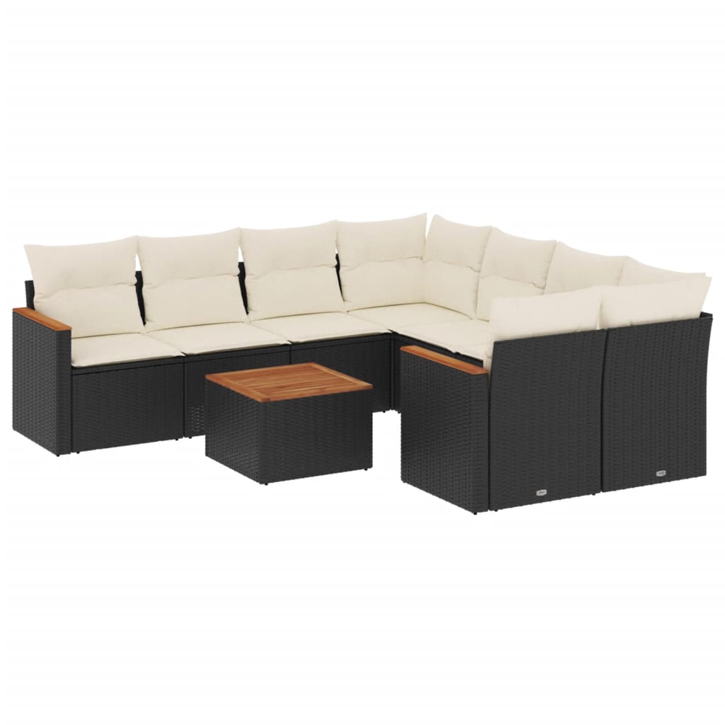 Set mobilier de grădină cu perne, 9 piese, negru, poliratan