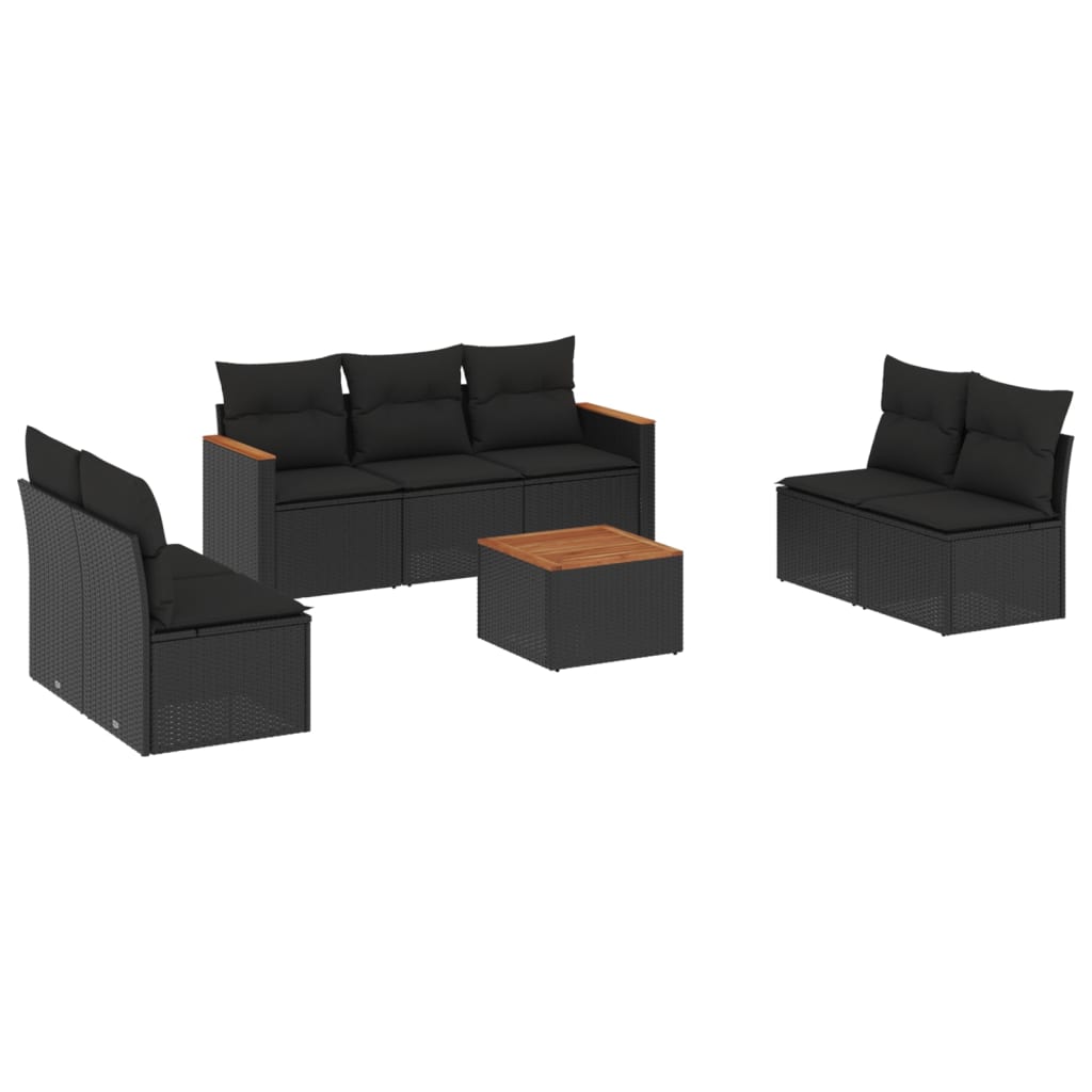 Set mobilier de grădină cu perne, 8 piese, negru, poliratan