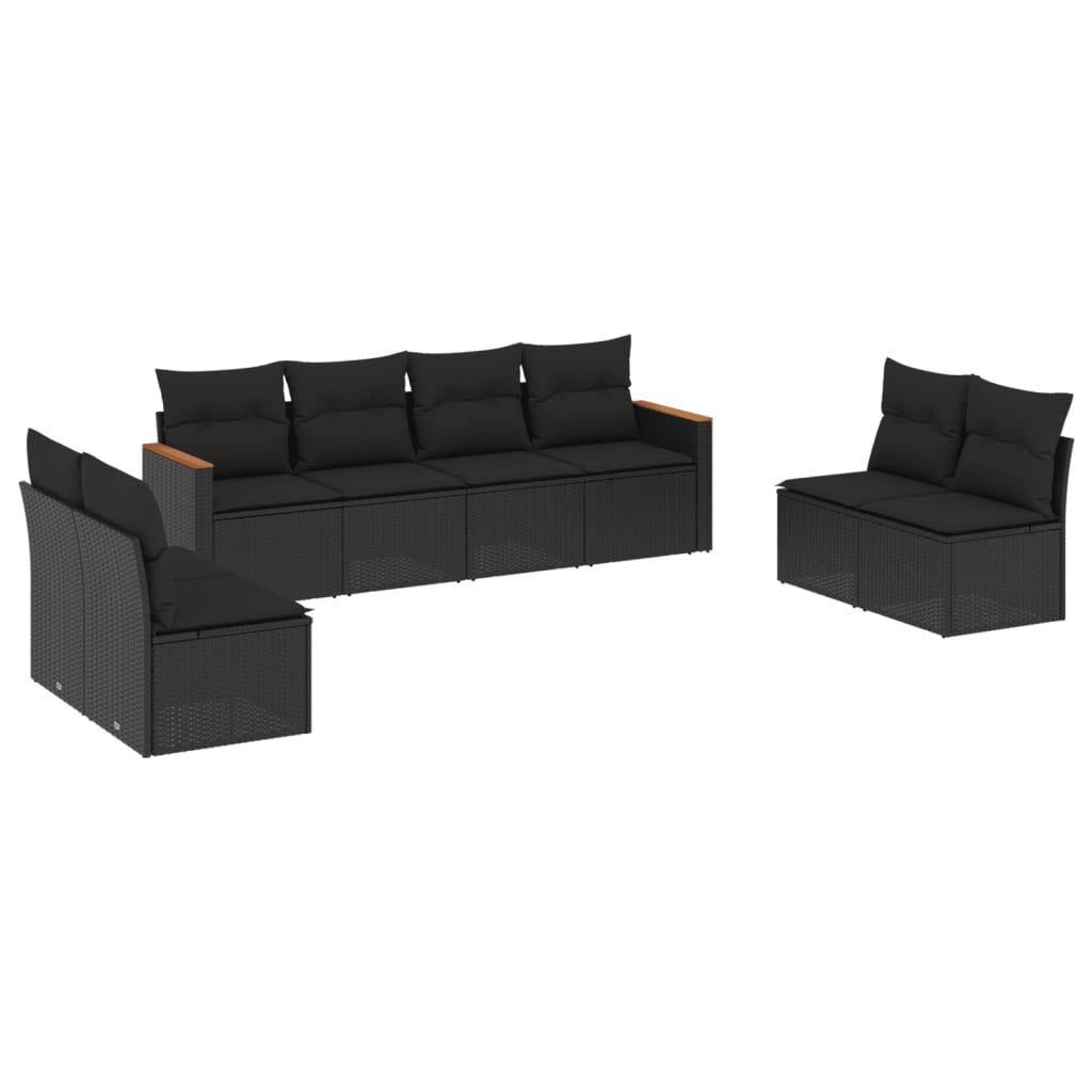 Set mobilier de grădină cu perne, 8 piese, negru, poliratan