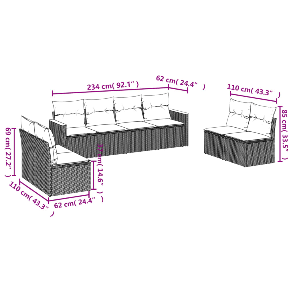 Set mobilier de grădină cu perne, 8 piese, negru, poliratan