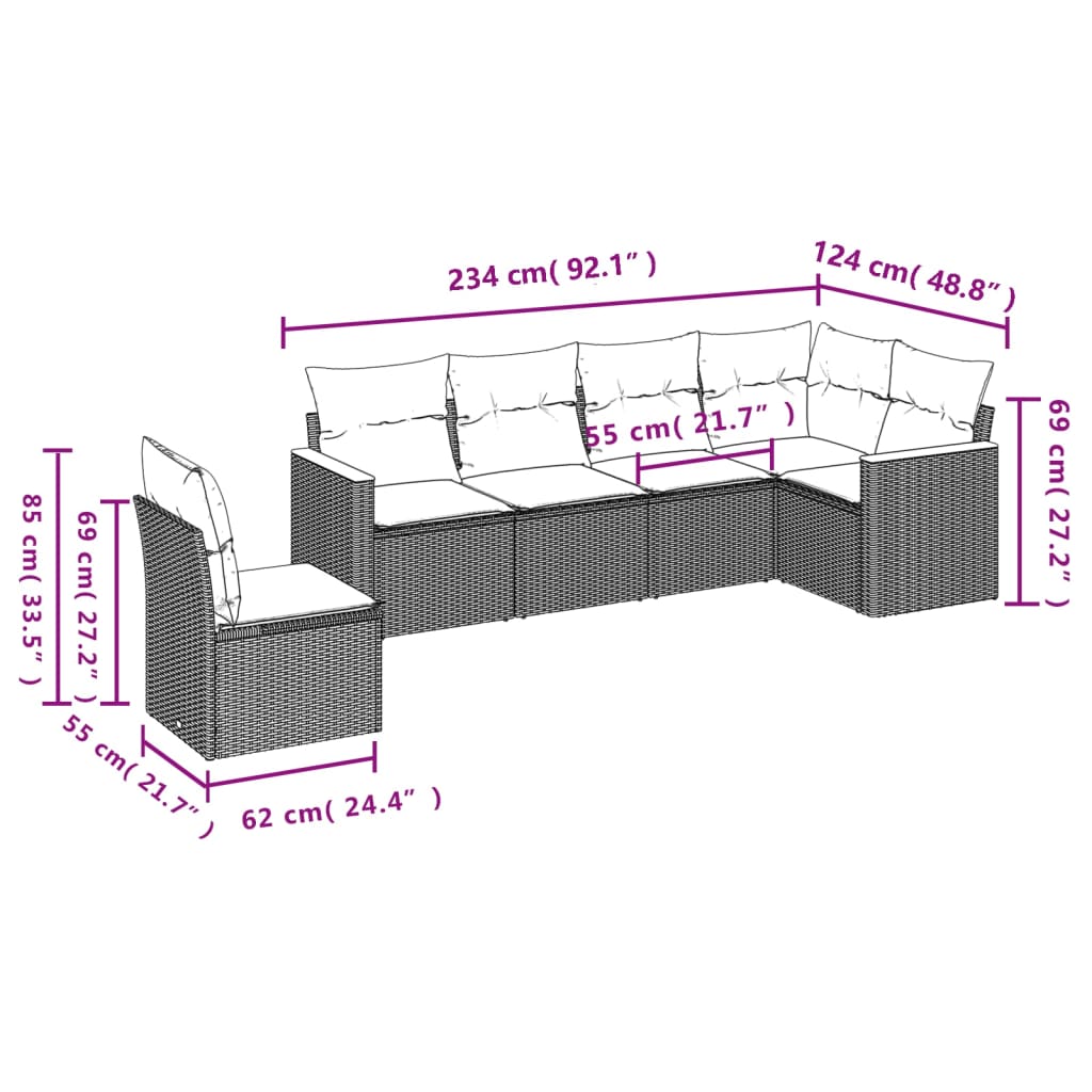 Set mobilier de grădină cu perne, 6 piese, negru, poliratan