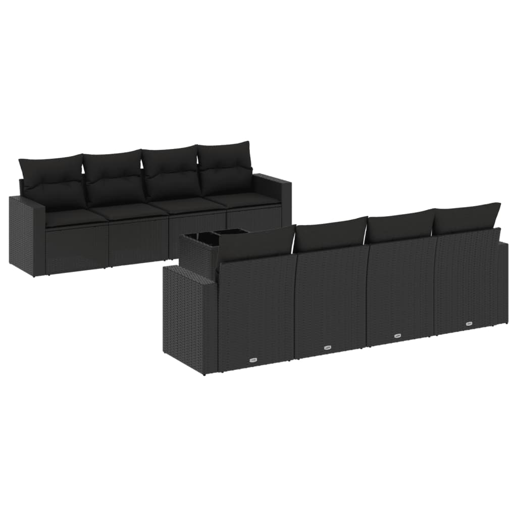 Set mobilier de grădină cu perne, 9 piese, negru, poliratan