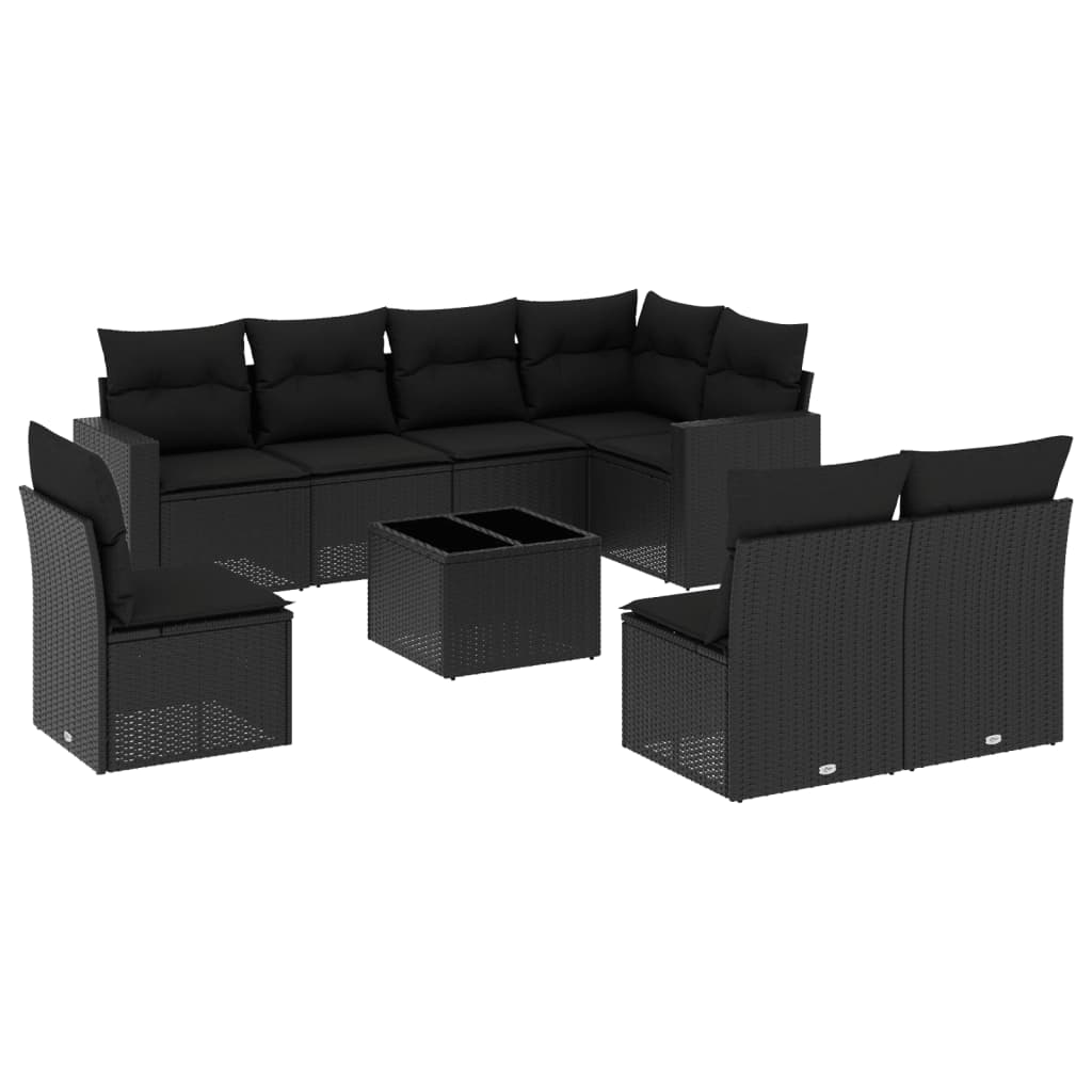 Set mobilier de grădină cu perne, 9 piese, negru, poliratan