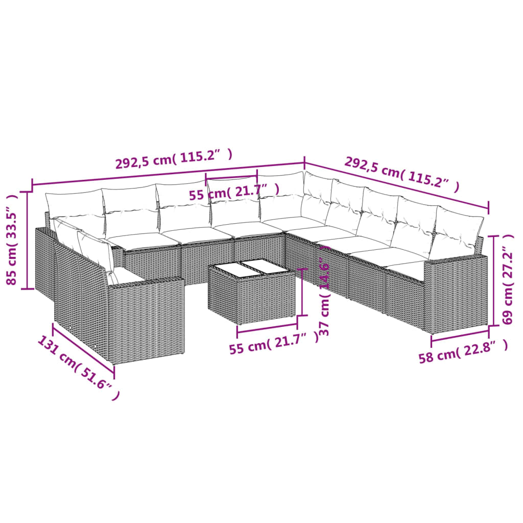 Set canapele de grădină, 12 piese, cu perne, negru, poliratan