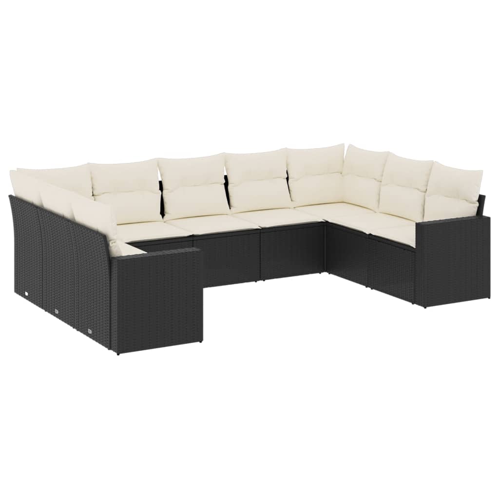 Set mobilier de grădină cu perne, 9 piese, negru, poliratan