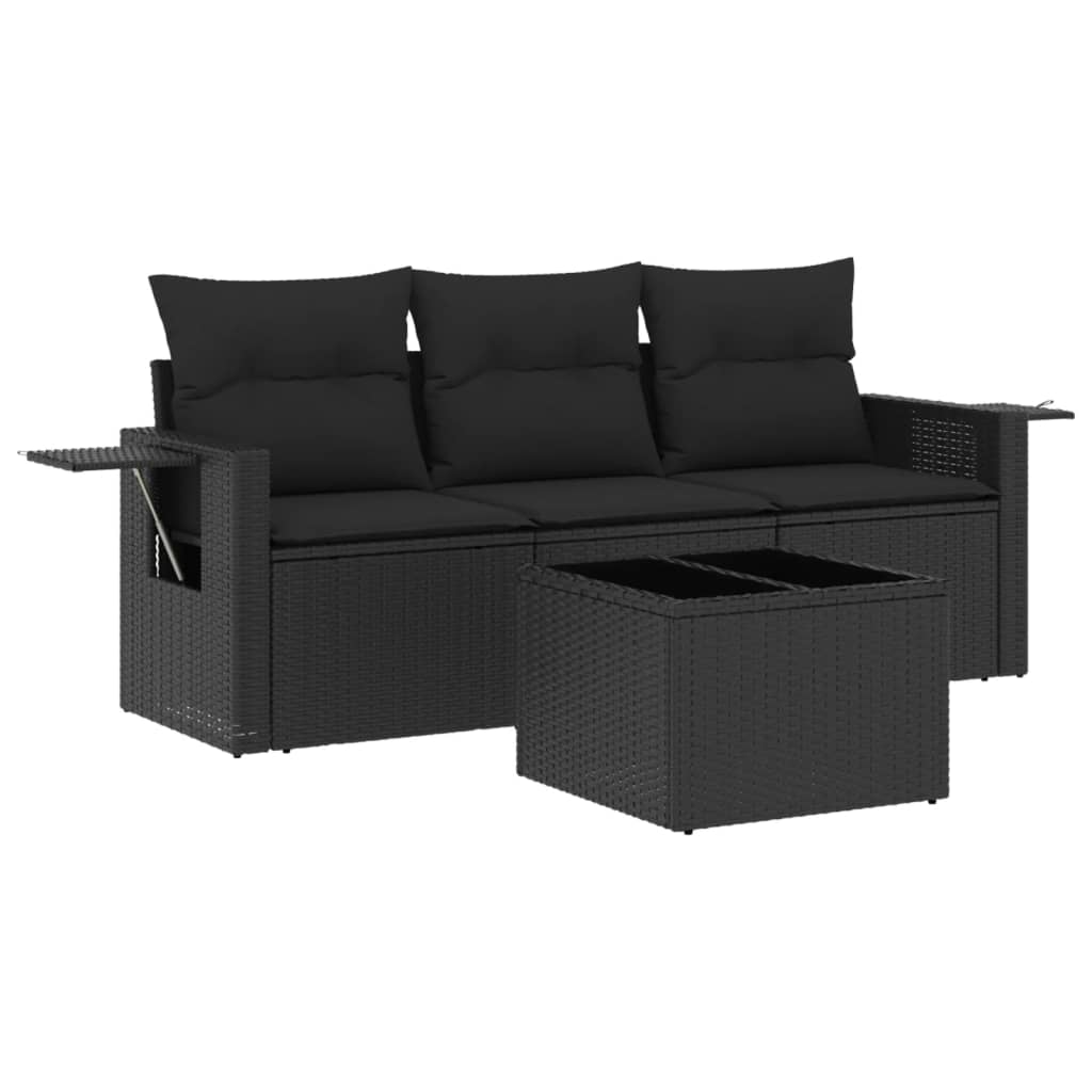 Set mobilier de grădină cu perne, 4 piese, negru, poliratan