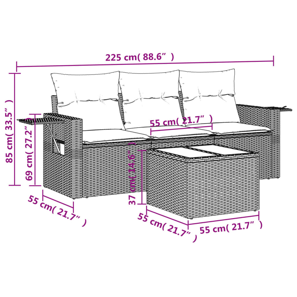 Set mobilier de grădină cu perne, 4 piese, negru, poliratan