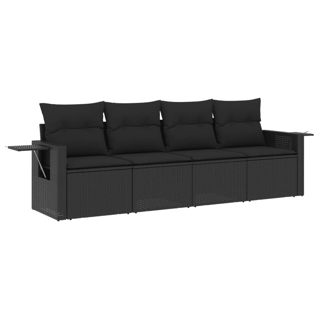 Set mobilier de grădină cu perne, 4 piese, negru, poliratan