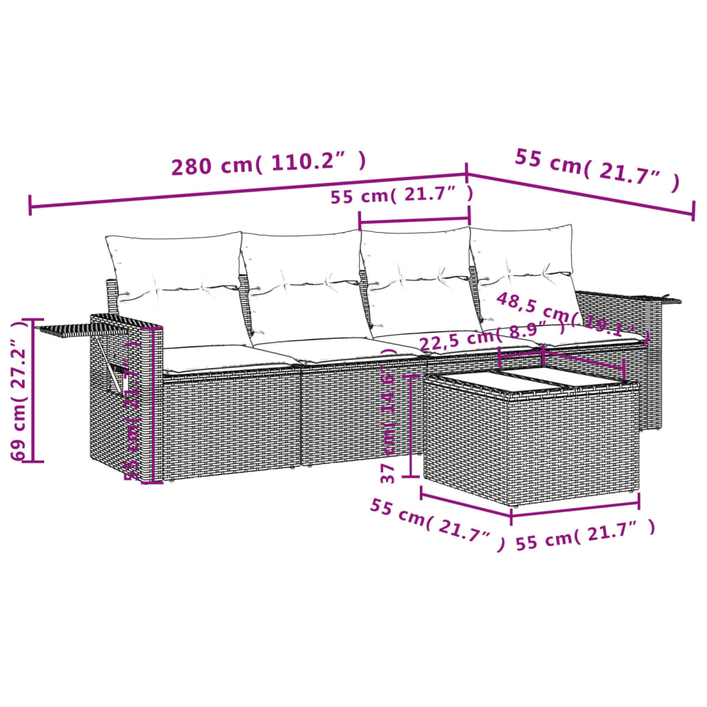 Set mobilier de grădină cu perne, 5 piese, negru, poliratan