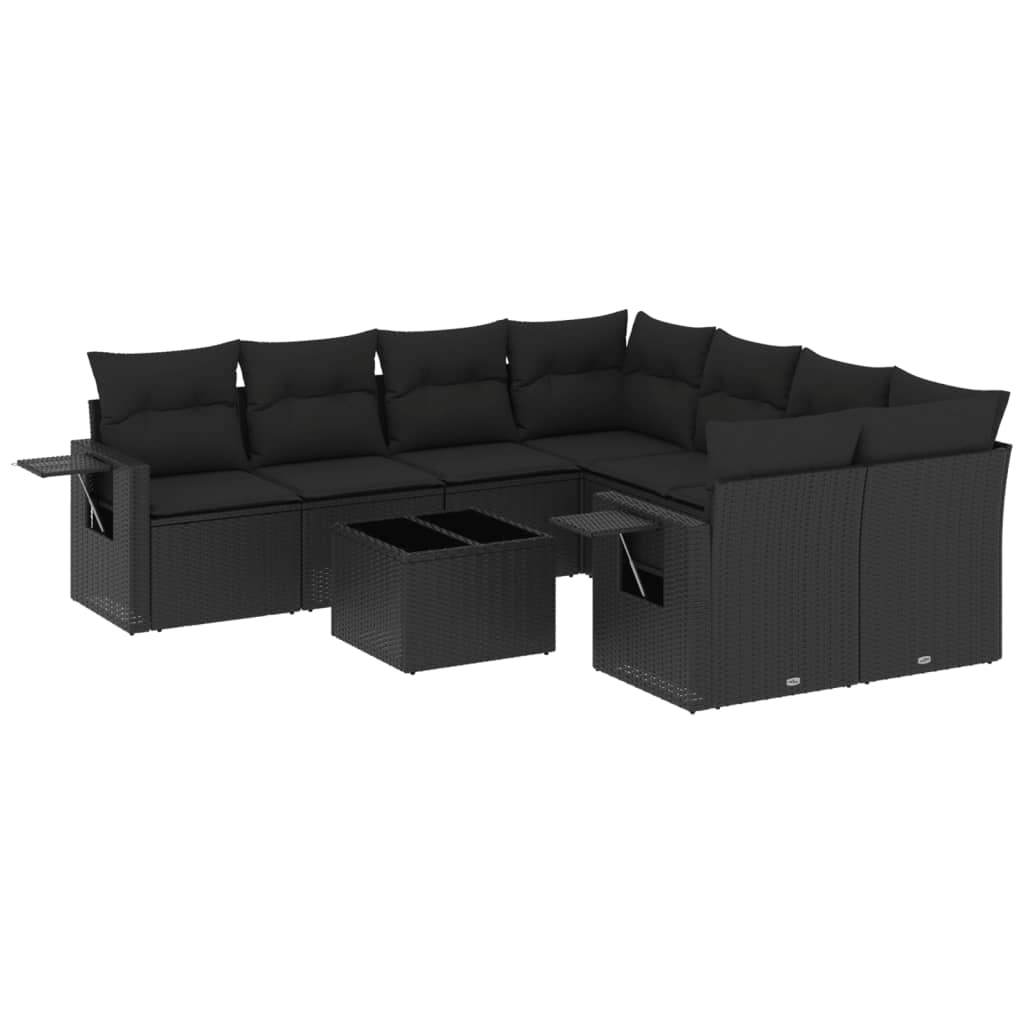 Set mobilier de grădină cu perne, 9 piese, negru, poliratan