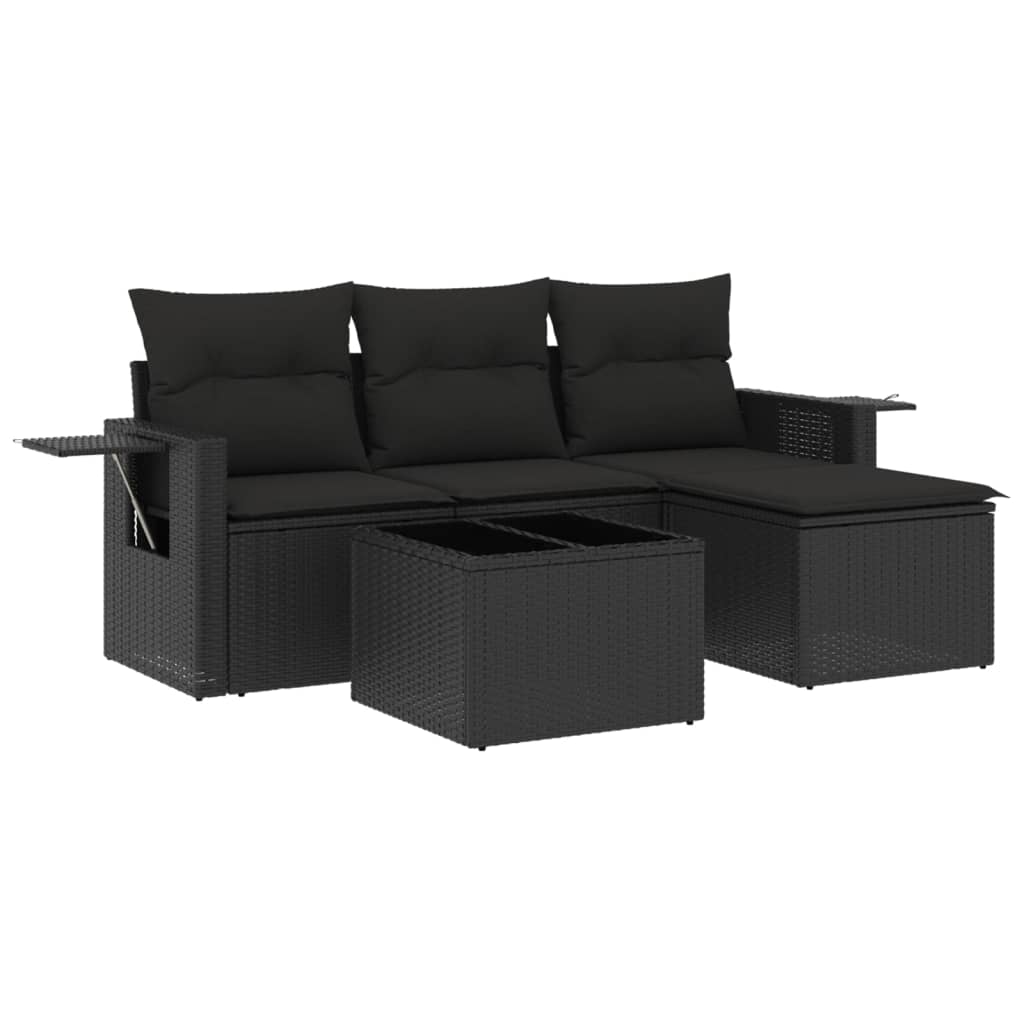 Set mobilier de grădină cu perne, 4 piese, negru, poliratan