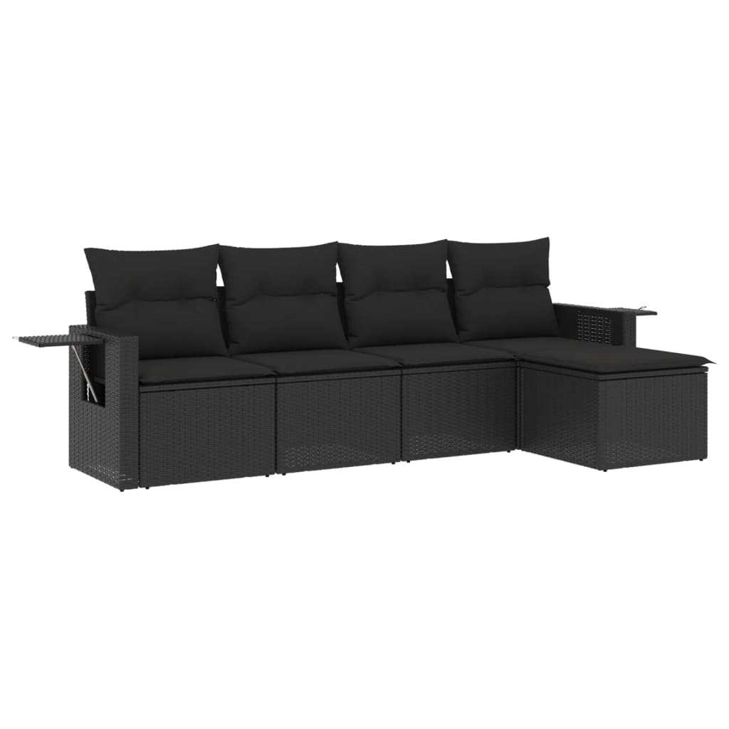 Set mobilier de grădină cu perne, 5 piese, negru, poliratan