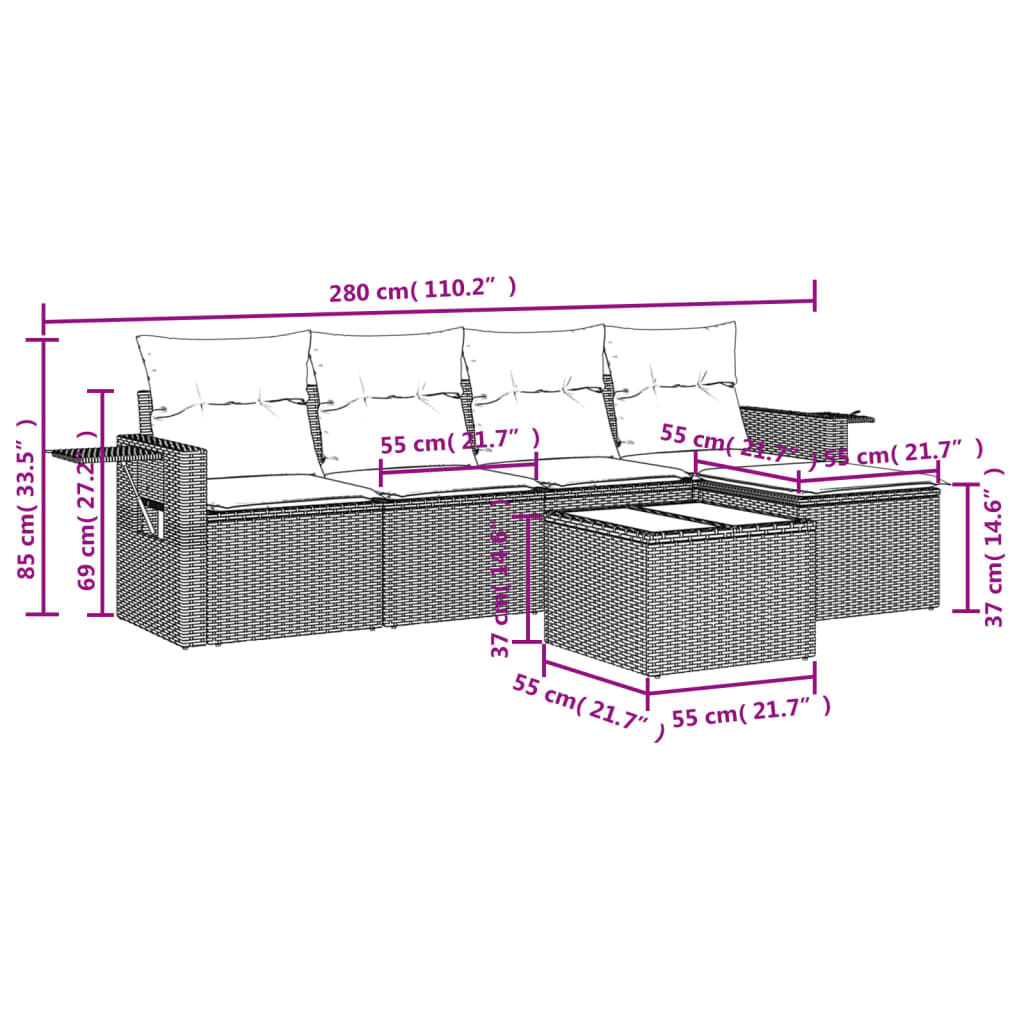 Set mobilier de grădină cu perne, 6 piese, negru, poliratan