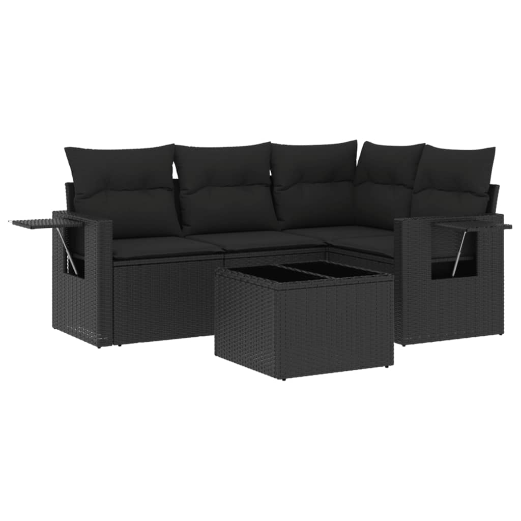 Set mobilier de grădină cu perne, 5 piese, negru, poliratan