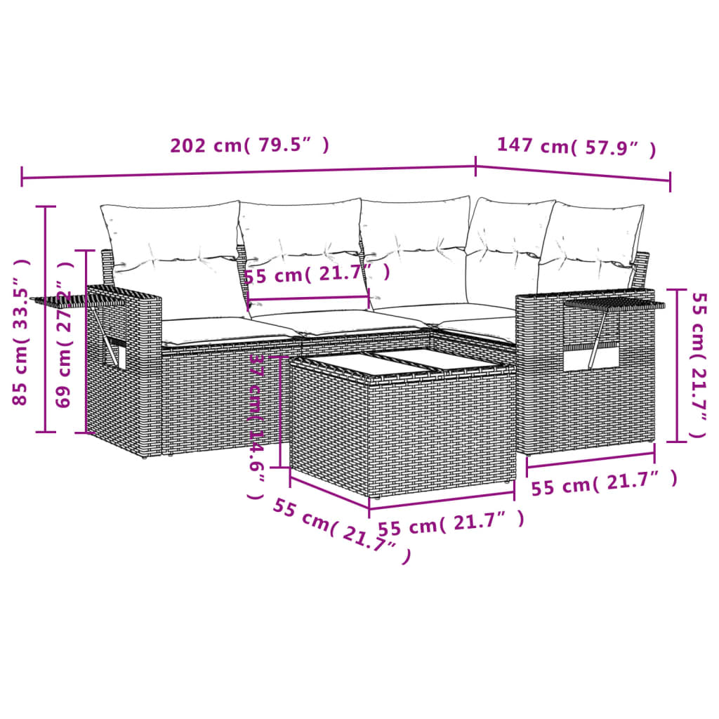 Set mobilier de grădină cu perne, 5 piese, negru, poliratan