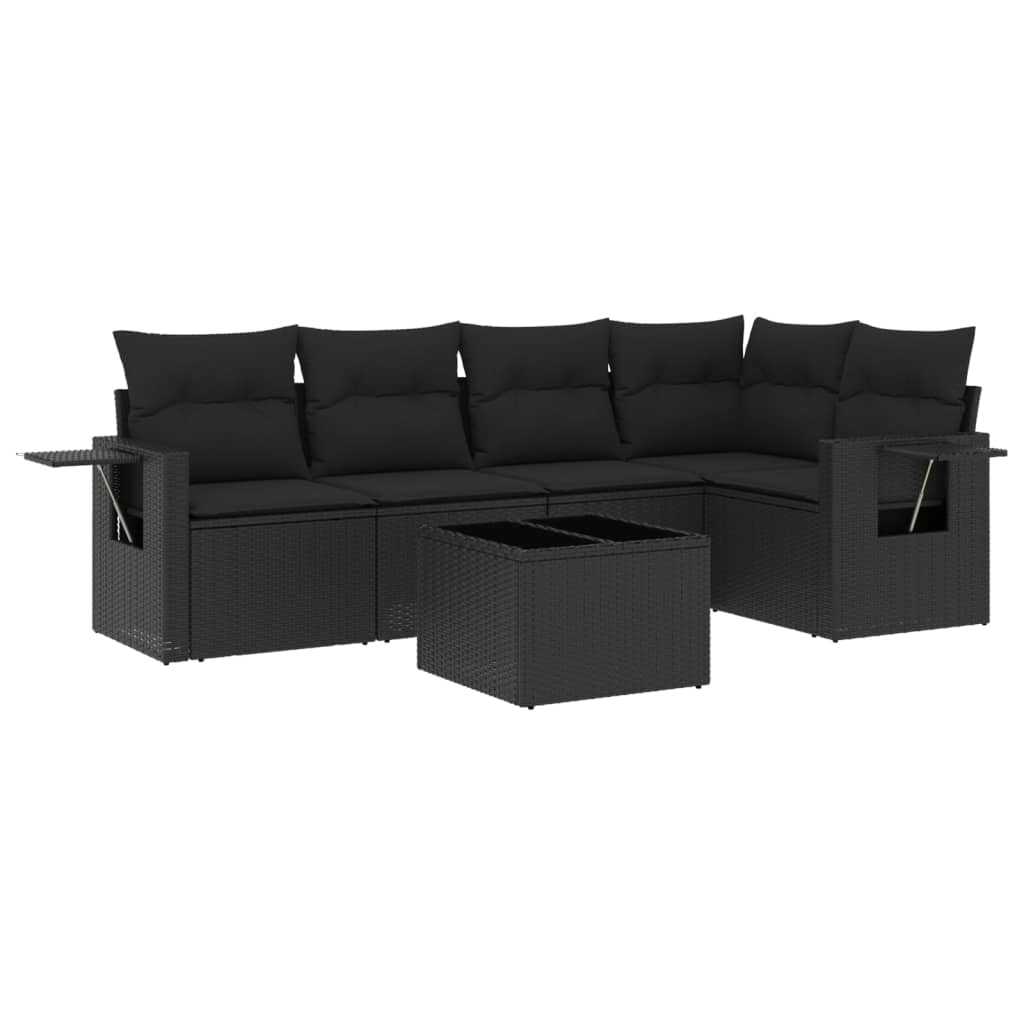 Set mobilier de grădină cu perne, 6 piese, negru, poliratan