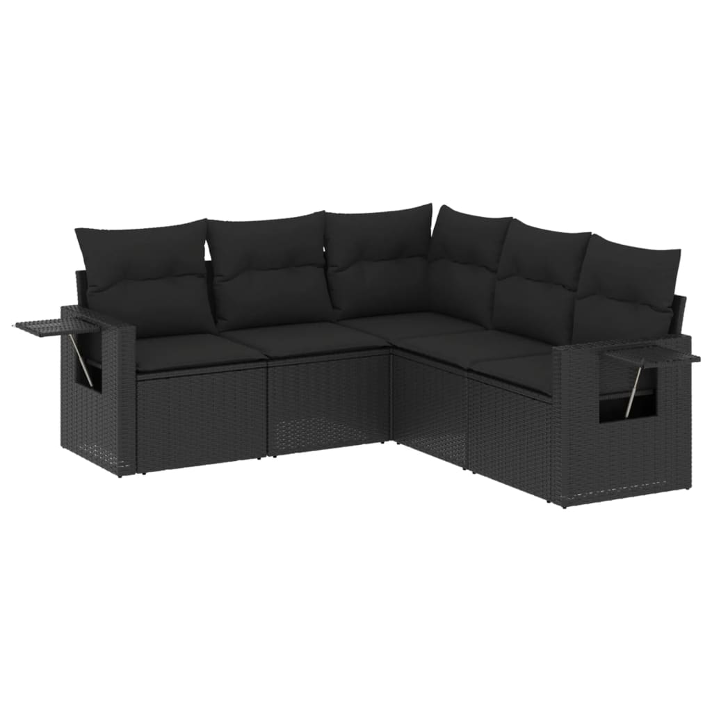 Set mobilier de grădină cu perne, 5 piese, negru, poliratan