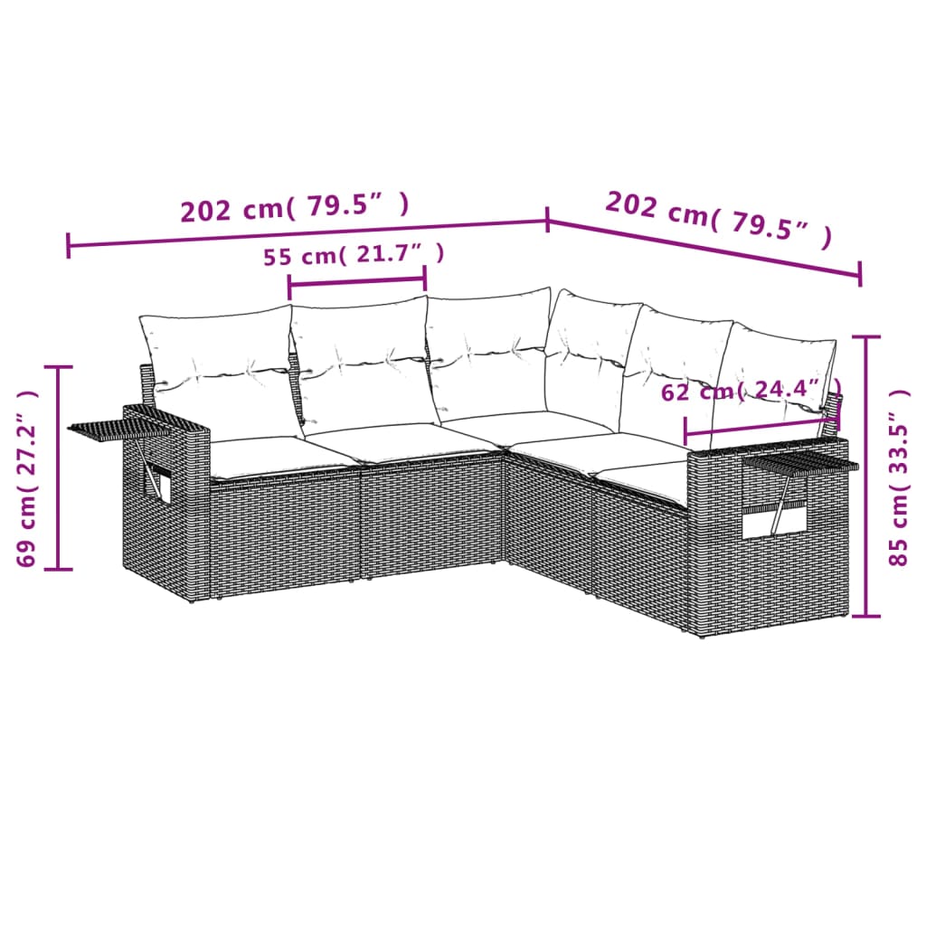 Set mobilier de grădină cu perne, 5 piese, negru, poliratan