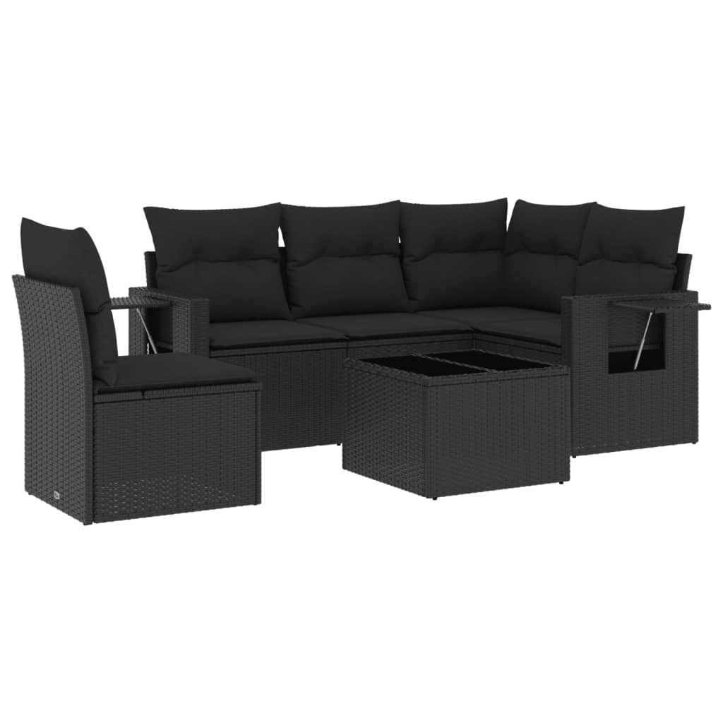 Set mobilier de grădină cu perne, 6 piese, negru, poliratan