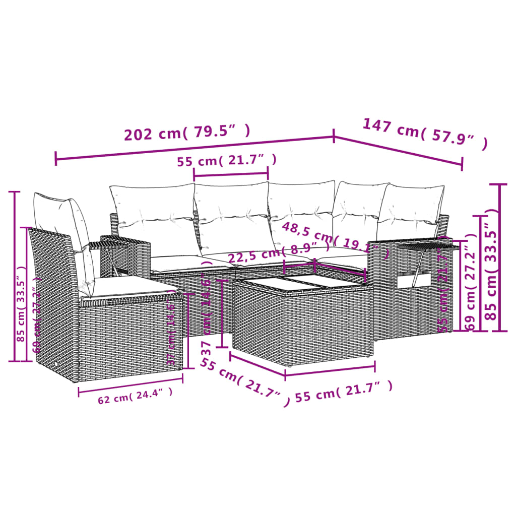 Set mobilier de grădină cu perne, 6 piese, negru, poliratan