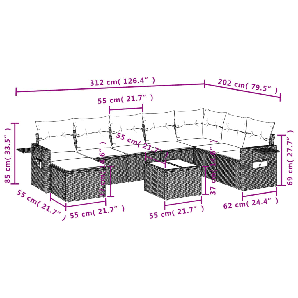 Set mobilier de grădină cu perne, 9 piese, negru, poliratan