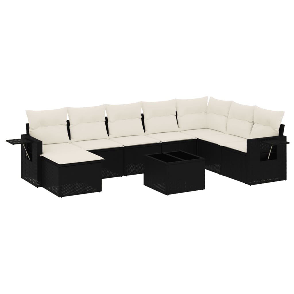 Set mobilier de grădină cu perne, 9 piese, negru, poliratan